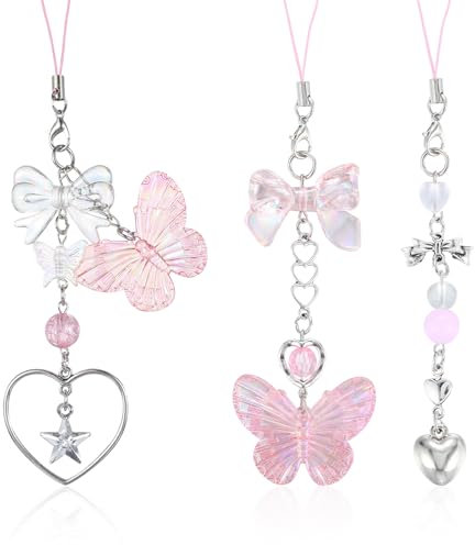 PEOVLVN Paquete de 3 Lindos Colgantes para Teléfono Móvil Y2k Colgante Estético Y2k Llavero Mariposa Forma Corazón Correa de Teléfono Accesorios para Bolso Teléfono Móvil Monedero Mochila, Mochila,