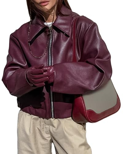 VOIKERDR Giacca in finta pelle da donna, con cerniera, colore bordeaux, giacca da motociclista alla moda