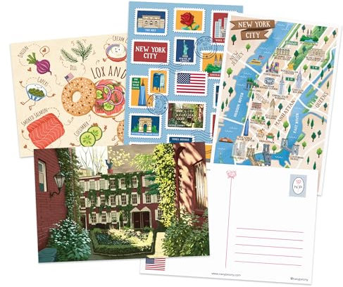 Navy Peony New York City Reise-Postkarten (10,2 x 15,2 cm, 12 Stück, 4 Designs) – NYC-Karte, Briefmarken-Thema, Künstler illustrierte Karten für Postcrossing