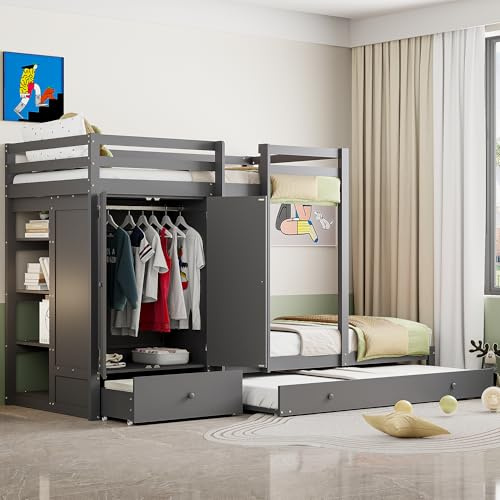 Zravenna 90x200cm Schrankbett Hochbett für 2/3 Kinder mit Ausziehbett, Kinder Etagenbett mit Schrank, Schubladen und Leiter, Kinderbett Rausfallschutz hohes Zaundesign, Holz, Grau