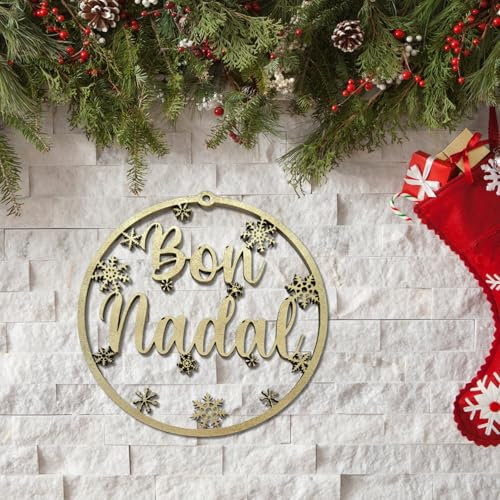 Adorno Navideño en 3D - Bola de Navidad Dorada con Frase 'Bon Nadal', Hecho a Mano con Madera Reciclada, Decoración Elegante para Árbol, Puertas o Guirnaldas (17 cm) Català