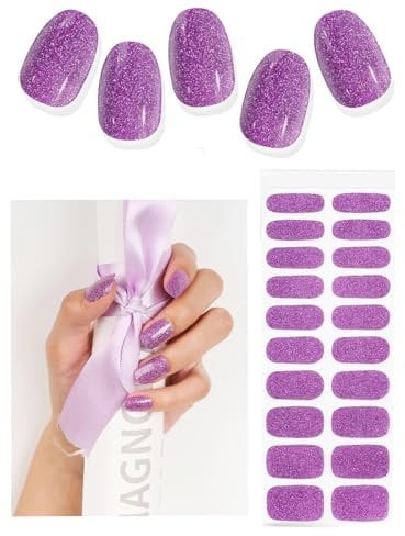 TOROKOM Semi Cured Gel Nail Strips, 20PCS UV Gel Nail Stickers Transparent Gel Wraps for Home Manicure DIY Salon-Quality Strips with File Tool, UV Light Required (Purple Glitter)