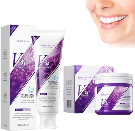 Hppsctink 2pcs Dentifricio, 100g v34 Dentifricio Viola e 50g v34 Polvere per Denti, Polvere sbiancante per Denti, Denti Bianchi, Pulizia da Odori e Tartaro, Alito Fresco, toothpastes