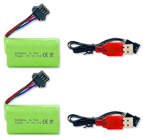 BORSCELLOR 2PCS 7.4V 500mAh SM-4P Plug-in Wiederaufladbare RC Auto Li-Ion Batterie mit USB Ladekabel für RC Spielzeugauto, Stunt Dumper, RC Truck, RC Boot, RC Baufahrzeug