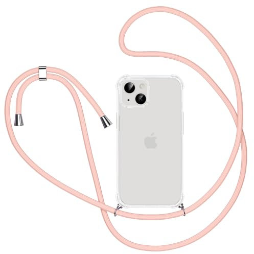 Knrlqim Coque pour iPhone 13/iPhone 14 avec Cordon,Etui avec Collier Transparente Silicone Housse avec Réglable Téléphone Étui Portable Lanyard Case Protection Cover pour iPhone 14,Or Rose