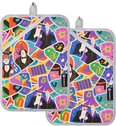 Lot de 2 maniques de cuisine résistantes à la chaleur avec poches Motif magicien coloré