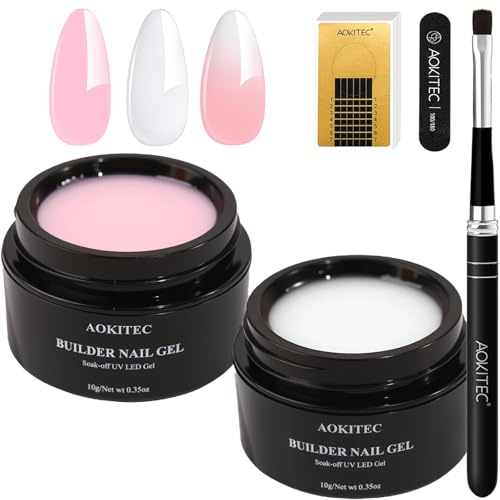 Aokitec uppbyggnadsgel för gelnaglar: 4 grundfärger builder nagelgel nagelset klar vit naken rosa nageltjocklek gel med nagelborste 100 stycken nagelformer för naglar -07