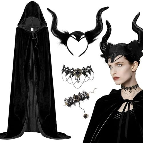 Halloween Kostüm Damen Set, Teufel Böse Königin Halloween Kostüm, Schwarzer Umhang mit Kapuze mit Gothic Spitze Halskette, Armband, Haarband mit Dämonenhorn, für Halloween, Karneval, Fasching, Cosplay
