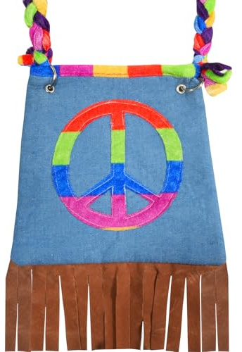 Hippie Tasche Damen Umhängetasche mit Peace-Zeichen & Fransen – Bunte 70er Jahre Tasche für Karneval Kostüm & Fasching – Flower Power Accessoire (Jeans-Optik)
