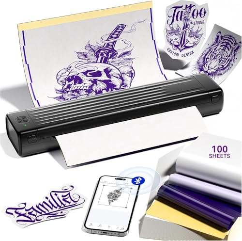 Itari A886 Tattoo Stencil Drucker Bluetooth mit 100 Blätter Papier, Schablone Drucker Übertragungskits für Anfänger und Künstler, Thermodrucker Tattoo Maschine Kompatibel mit Smartphone & PC, Schwarz