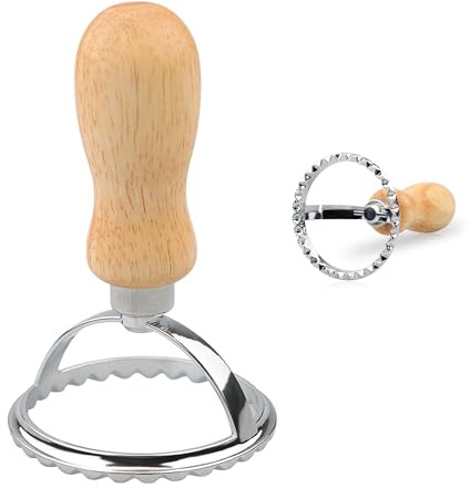 TAXTYHRE Ravioli Ausstecher, Ravioli Ausstecher Former mit Holzgriff, Geriffelten Rand, Edelstahl, Multifunktional Nudelschneider, für Weihnachten Pasta Knödel Keks (Round B)