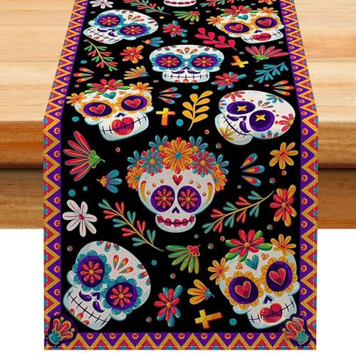 Zucker-Totenkopf-Tischdekoration, dekorativer Tischläufer für Mexikaner, heller Tag der Toten, Altar-Dekorationen, multifunktional, rustikales Leinentuch für Urlaub, Esszimmer, Dekoration