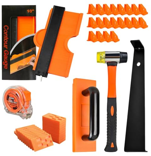 Wood Flooring Installation Kit, 65Pcs Laminate Flooring Tools | 2-in-1 Spacers, Tapping Block with Handle, Pull Bar, Rubber Mallet, Contour Gauge for DIY Professionals