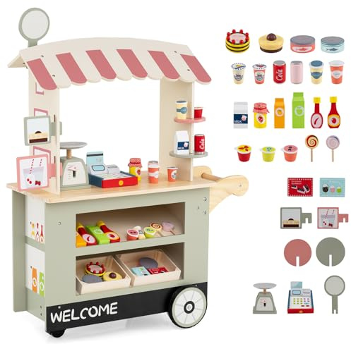 DREAMADE Kaufladen aus Holz, Kaufmannsladen mit 30 Zubehörteilen, Verkaufswagen mit 3 Rädern, Schiebegriff & Baldachin, Spielset Rollenspiele für Kinder ab 3 Jahren (Grün)