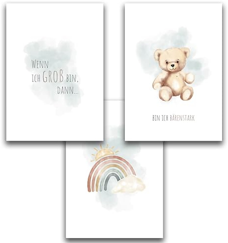 Acura-Styles 3er Poster Set Kinderzimmer DIN A4, Bären & Regenbogen Wandbilder, Modern, Hochformat, Tierdruck, ohne Rahmen, für Mädchen & Jungen, Babyzimmer Deko