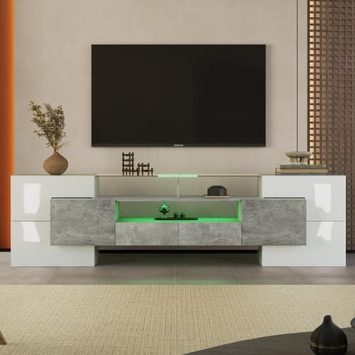 vutizal TV-Schrank Lowboard 200cm mit LED-Beleuchtung Farbwechsel – Fernsehschrank Hochglanz Weiß Betonoptik, Sideboard Wohnzimmer mit 6 Türen 2 Schubladen, für 60-69 Zoll Fernseher, MDF