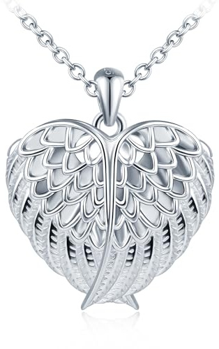 feilok Halskette Damen, Silber 925 Herzkette, Herz Anhänger Silber Kette Damen Engelsflügel Medaillon zum Öffnen für Bilder
