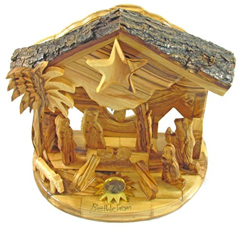 nativitygiftshopdotcom Musik-Krippe aus Olivenholz, drehbar, spielt stille Nacht