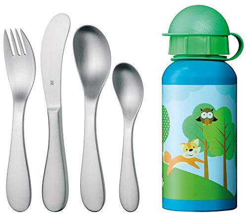 WMF Knuddel Kinderbesteck 5-teilig, mit Trinkflasche, ab 3 Jahren, Cromargan Edelstahl mattiert, spülmaschinengeeignet, farb- und lebensmittelecht