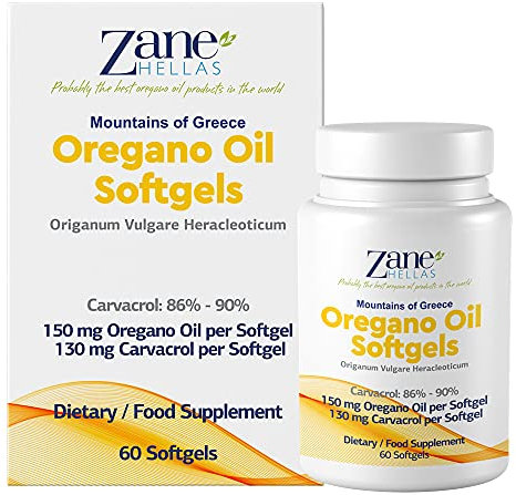 Zane Hellas Oregano Oil Softgels. La concentration la plus élevée au monde. Chaque Softgel contient 30% d'huile essentielle grecque pure d'origan. 130 mg de carvacrol par softgel. 60 gélules.