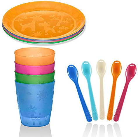 NIP 13 tlg. Kleinkinder-Set // made in Germany // Teller mit Motiv 4er Pack & Trinkbecher 4er Pack & Fütterlöffel 5er Pack, kurz // Niedliches Giraffenmotiv BPA frei