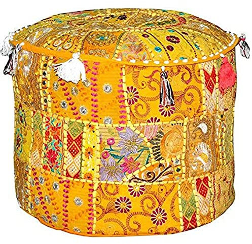 Aakriti Indian Pouf Fußhocker mit Stickerei Pouf, indische Baumwolle, Pouffe osmanischen Pouf Cover mit ethnischem Dekor Kunst - Cover (Yellow, 46x33 cms)