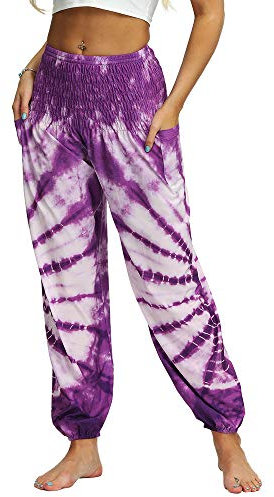 Nuofengkudu Donna Harem Hippie Pantaloni con Tasche Boho Print Vita Alta Larghi Leggeri i Yoga Pants Estivi Spiaggia (Viola B,Taglia Unica)