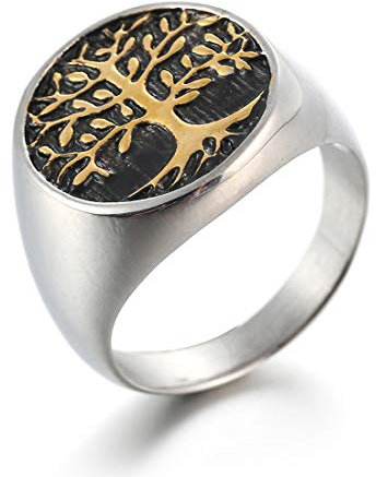 Bague Arbre de Vie Argent Homme Anneau Alliance Acier Inoxydable Chevalière Bague pour Papa Anniversaire Cadeau, Noir 8