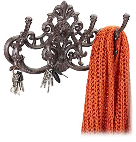 Relaxdays Appendiabiti da Parete Vintage, 4 Ganci Attaccapanni, Stile Rustico in Ghisa, HLP 20,5 x 34 x 12,5 cm, marrone