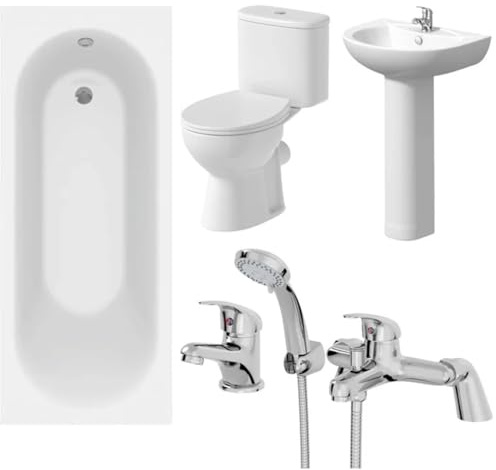 Bathroom Suite 1600mm White Straight Bath Close Coupled Rimless Toilet WC Basin Sink Tap Shower Mixer