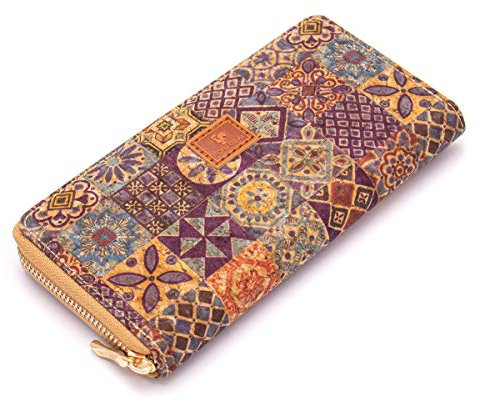 Portefeuille/Porte Monnaie pour Femme, Long, Grande CAPACITÉ, Vegan, Cuir Vegan, LIÈGE, Porte Cartes, Zippe, Vintage, COLORÉ, ÉLÉGANT, Original, Motif Fleur