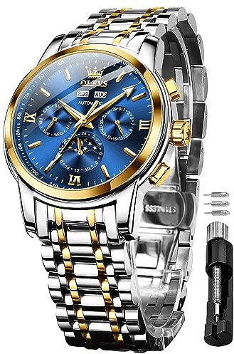 OLEVS Herren Automatikuhren Skelett Mechanisch Selbstaufzug Luxus Kleid Armbanduhr Mondphase Tag Datum Wasserdicht Leuchtende Zweifarbige Uhren Geschenke
