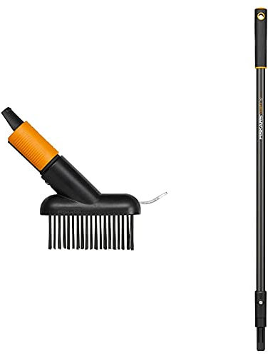 Fiskars Fugenbürste mit zusätzlicher Kratz-Klinge, Gerätekopf, Länge: 18,5 cm, Breite: 15 cm, Stahl-Borsten, Schwarz/Orange & Kurz-Stiel für QuikFit Werkzeug-Köpfe, 84 cm, Schwarz/Orange