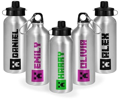 Print Maniacs Personalised Water Bottle School Sport Cap Drink White Silver 600ml or 400ml Aluminium Kid Boys Girls Biking Gift Mine Icon (Silver, 400ml)