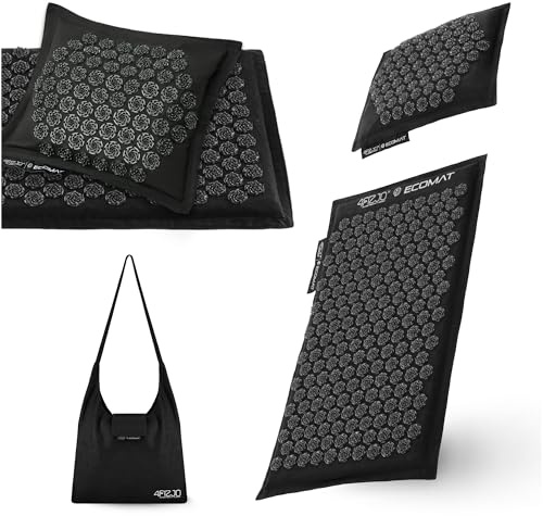 4FIZJO Akupressurmatte & Kissen ECO, 68x42x2 cm, mit Tragetasche, Umweltfreundliche Materialien, 6750 Stacheln, Massagematte für bessere Durchblutung, Muskeln Entspannung, Farbe: Schwarz und Schwarz