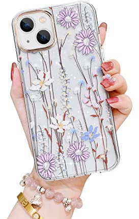 Newseego Case Compatible with iPhone 13, Stylish Lovely Flowers Print Transparent Silicone Protective Case Shiny Electroplated Lens Frame TPU Shockproof Bumper Case for iPhone 13
