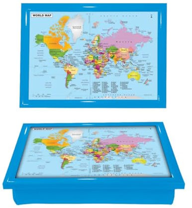 World Map Cushioned Lap Tray Bean Bag Padded Dinner Serving Cushion Laptop Holder Breakfast LapTray ( BLUE )