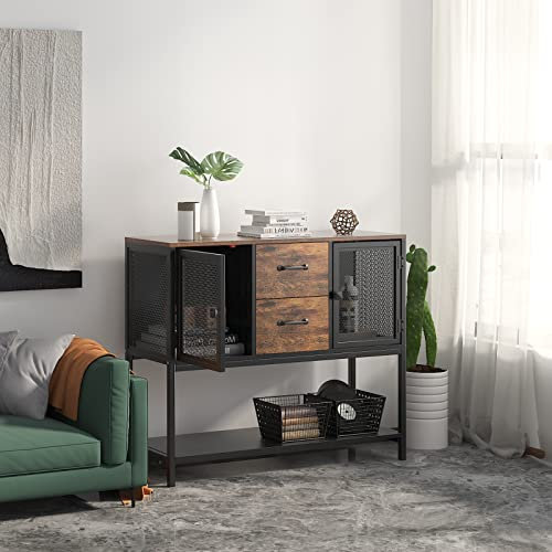 SogesHome Buffets Küchenschrank Beistellschrank Sideboard Konsolentisch Aufbewahrungsschrank mit 2 Metallnetztüren 2 Schubladen