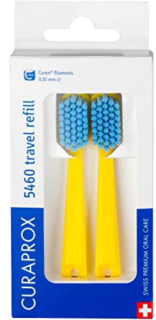 Curaprox CS 5460 Travel Refill, 2-Pack, Yellow - Blue, Made in Switzerland | Toothbrush Heads – For Travel Set , Ultra-Gentle Plaque Removal