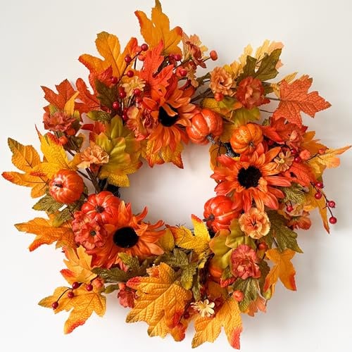 Herbstkränze für Haustür, 55,9 cm, Herbstkranz mit Kürbis, Ahornblattbeere, Herbstkranz für Thanksgiving, Ernte, Festivals, Dekorationen drinnen und draußen