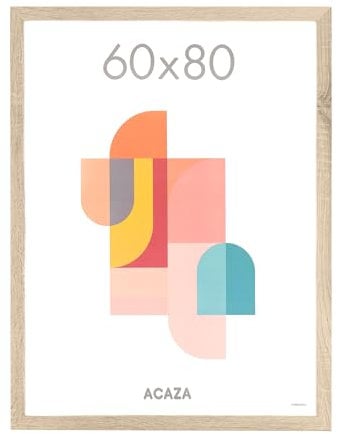 ACAZA Cadre Bois 60x80cm Chene, Pour Photos, et Posters, En Bois MDF et Verre Plexi, Couleur Chene Clair
