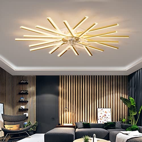 Ceiling Fans with Lights and Remote APP Control Reversible DC Large Ceiling Fans with Lamps Dimmable 6 Speed Fan Light for Living Room Bedroom, Gold, 100cm
