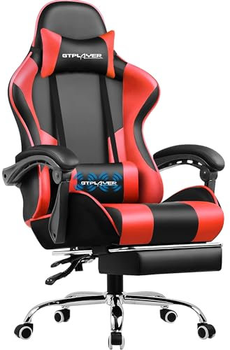 GTPLAYER Bürostuhl Gaming Stuhl Massage Gaming Sessel Ergonomischer Gamer Stuhl mit Fußstütze, Kopfstütze Massage-Lendenkissen, Gepolstert Gaming Chair, Drehsessel rot