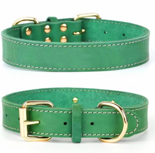 SLZZ Prämie Echtes Leder Hundehalsband/weich Dauerhaft Schwere Echtes Leder Hundehalsband für Rüde Weiblich Kleine X-Kleine Mittlere Große X-Große Hunde-Grün-XS