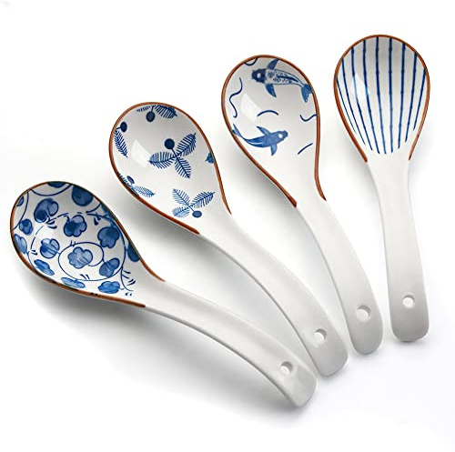 IQCWOOD Set di 4 cucchiai da minestra in porcellana, 15,7 cm, cucchiai da minestra asiatici, per ramen, cucchiai da zuppa giapponesi per Pho, Wonton, tagliatelle, cucchiai da riso in ceramica cinese