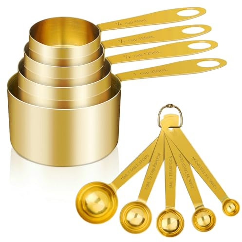 Cuteefun Set di 9 Misurino e Cucchiaio Dosatore, Manico in Acciaio Inox con Misure Metriche e Statunitensi, Misurini Cucina per Ingredienti Secchi e Liquidi per Cucina, Forno, Bevande (Oro)