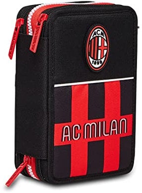Astuccio 3 Zip MILAN GLORY & HONOUR, Nero, Completo di Matite, Pennarelli etc.., Scuola & Tempo Libero