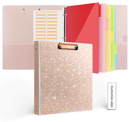 EYROZILL 1 Inch 3 Ring Binder, Cute Binder with 5 Color Tab Dividers and Clipboards, Glitter Round Ring Binder with Pockets, Office Binder Supplies, Professional Binder Organizer, Rose Gold