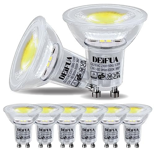 DEIFUA 6er-Pack GU10 LED Lampe Kaltweiss 6000K 3.5W 385 Lumen Ersetzt 50W Halogen Leuchtmittel, Nicht Dimmbar Reflektorlampen, Flimmerfrei Strahler, Abstrahlwinkel 360° Birnen, 38° Spot