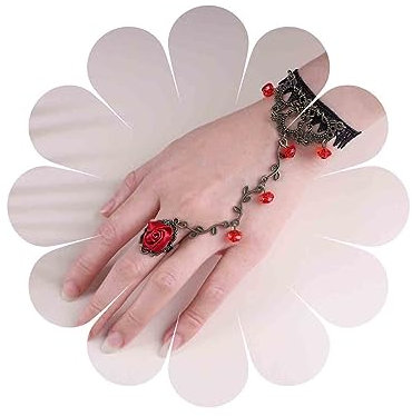 Dervivea Vintage Pizzo Dito Anello Bracciale Rosso Rosa Mano Imbracatura Bracciale Vittoriano Halloween Bracciale Pizzo Cristallo Schiavo Bracciale Gioielli Per Donne E Ragazze